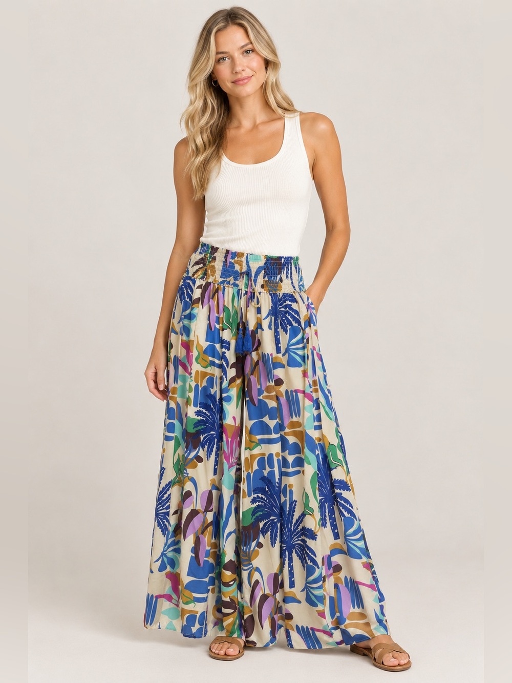 True Destinations Wide Leg Boho Palm Print Pants - Multicolor Size Medium